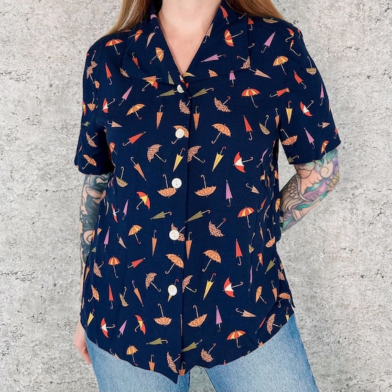 Novelty Umbrella Print Vintage Button Up Blouse Top