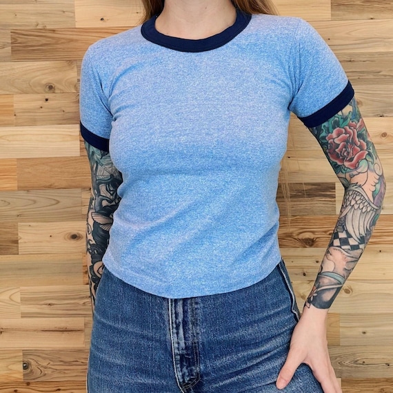 80s Vintage Sky Blue Ringer T-Shirt: Women's XXS-XS Baby Tee (Youth Tag Size)