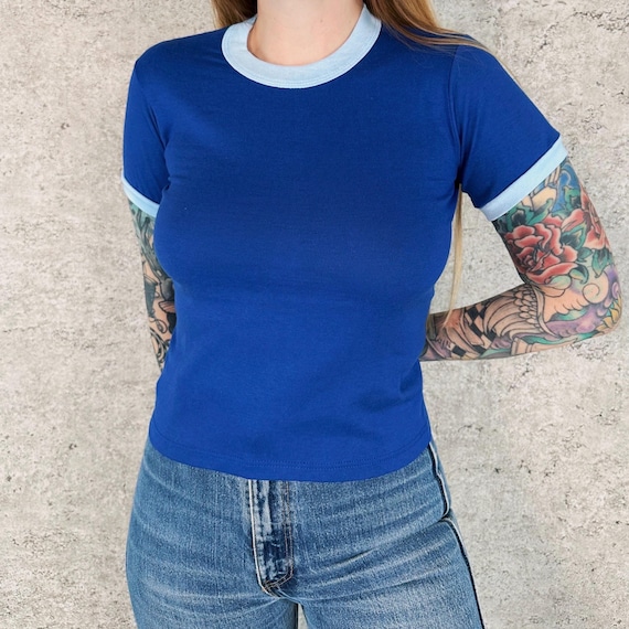 80s Vintage Russell Athletic Blue Ringer Baby Tee Shirt T-Shirt / Youth Size, Fits Women's XXS-XS