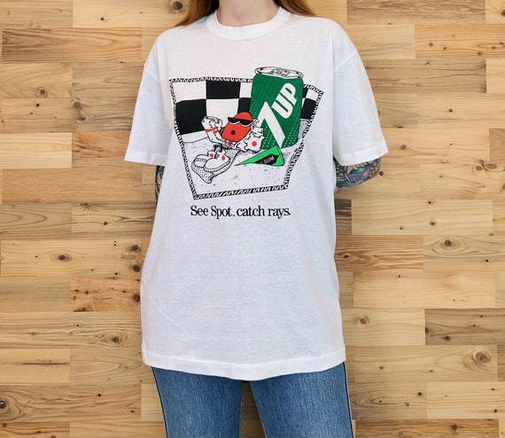 Vintage 7Up Funny See Spot Catch Rays Soda Drink Brand Advertising Soft Thin White Tee Shirt T-Shirt