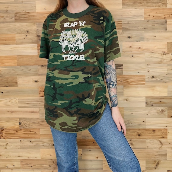 80's Vintage Camouflage Slap N' Tickle Retro Camo Print Tee Shirt T-Shirt