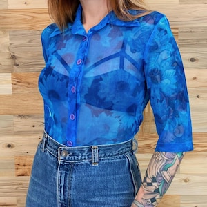 Vintage Floral Mesh Daisy Collared Sheer Button Up Shirt Top Blouse