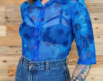 Vintage Floral Mesh Daisy Collared Sheer Button Up Shirt Top Blouse