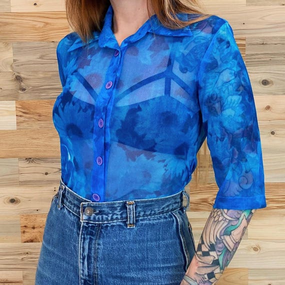 Vintage Floral Mesh Daisy Collared Sheer Button Up Shirt Top Blouse