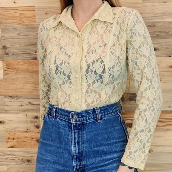 Delicate Cream Lace 90's Vintage Sheer Button Up Blouse Top