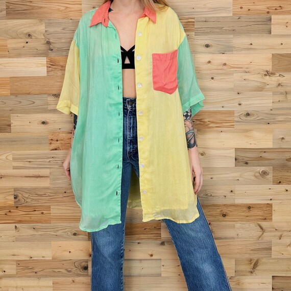 Vintage Delicate Light Colorblock Oversized Button Up Shirt