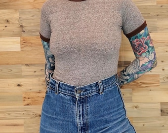 70's Vintage Heather Brown Ringer Baby Tee Shirt / Youth Size Medium, Women's XXS-XS