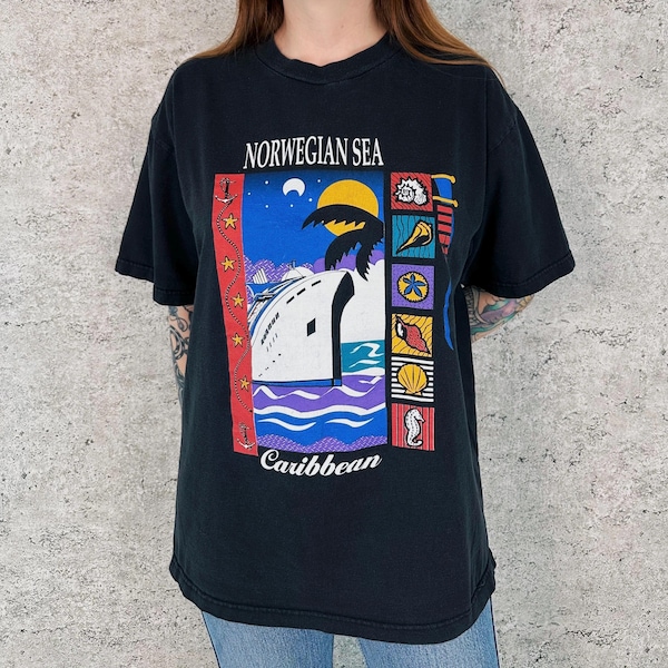 Camiseta vintage de los años 90 con destino turístico del Caribe y el mar de Noruega