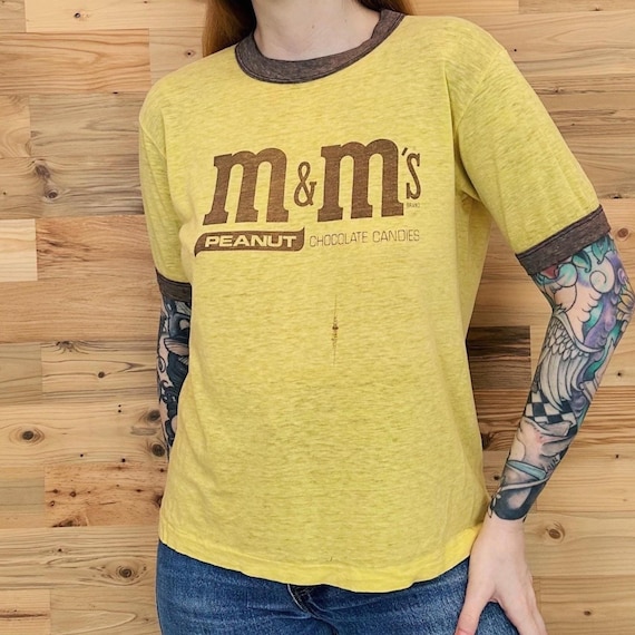 Rare 1970's M&M's Ringer Tee Shirt / Paper Thin Soft Vintage T-Shirt