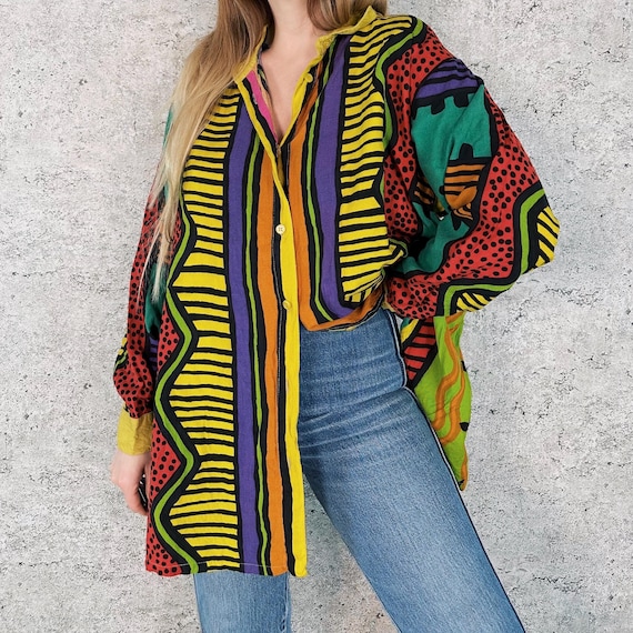 Colorful Funky Vintage Geometric Striped Print Long Sleeve Shirt