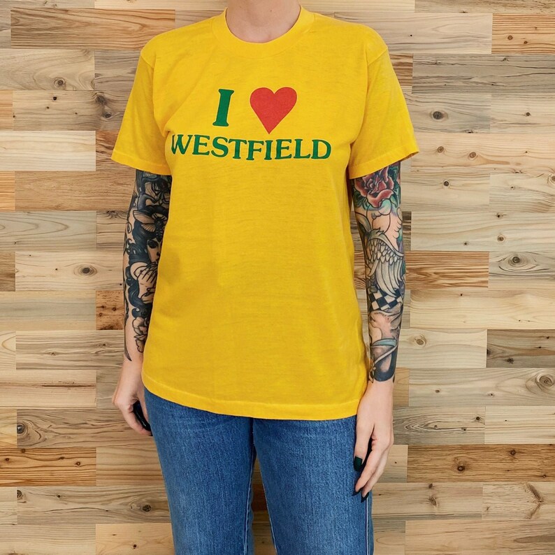 Vintage 80's Soft Retro I Love Westfield Yellow Tee Shirt T-Shirt image 1