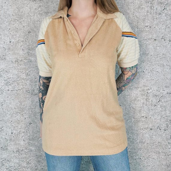 1970's Terry Cloth Striped Sleeve Vintage Polo Shirt