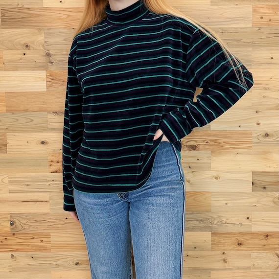 Striped Velour Mock Neck Pullover Sweater Top