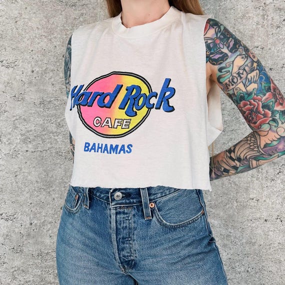 80's Vintage Soft Thin Hard Rock Cafe Bahamas Sleeveless Cropped Tee Shirt T-Shirt