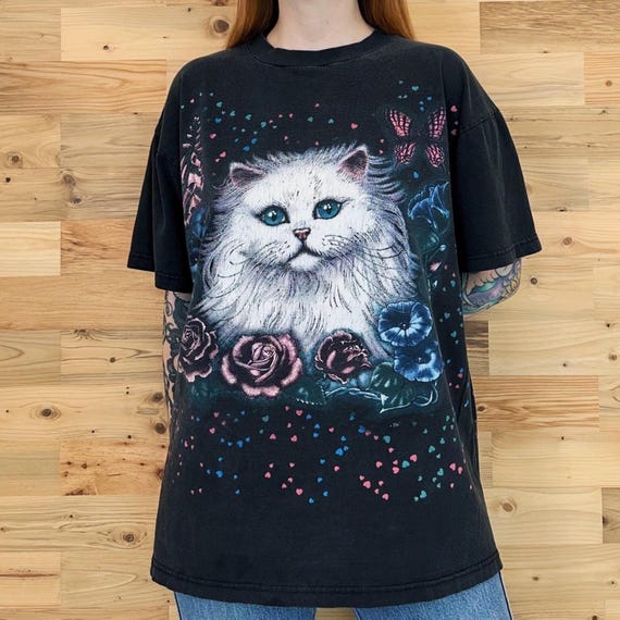 Vintage 90's All Over Print Cat Roses Hearts Black T-Shirt Tee Shirt