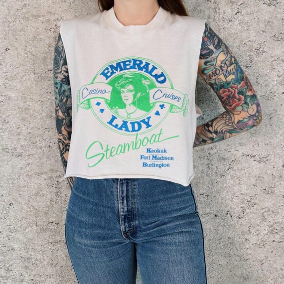 Vintage Cropped Emerald Lady Casino Cruises Steamboat Crop Top Tee Shirt T-Shirt