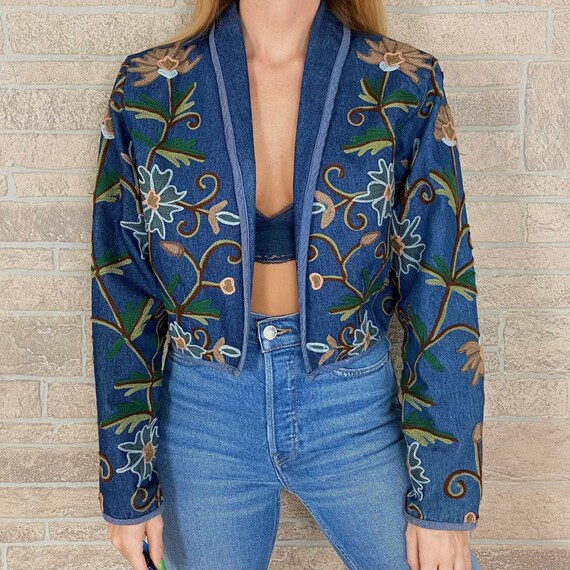 90's Denim Embroidered Floral Cropped Blazer Jacke