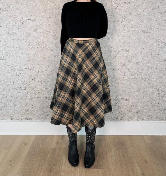 1960's Vintage Wool Knit Plaid Midi Skirt / Size 24 25 XS