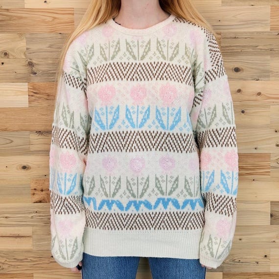 Vintage Pastel Tulip Floral Knit Pullover Sweater Top