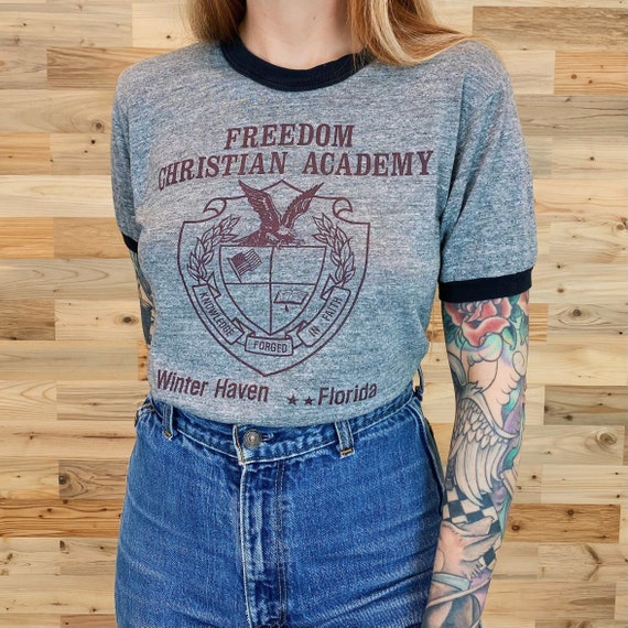 Vintage 70's Paper Thin Freedom Christian Academy Soft Retro Ringer Tee Shirt T-Shirt