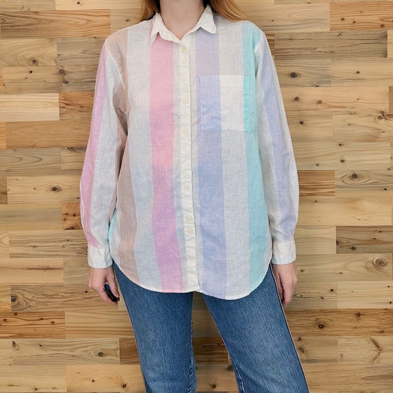 Vintage Lightweight Linen Knit Pastel Striped Long Sleeve Oxford Shirt