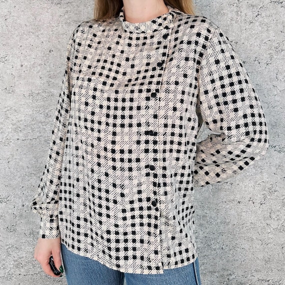 70's Delicate Silky Asymmetrical Button Up Geometric Blouse Top