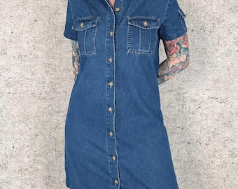 Faded Glory Vintage Button Up Denim Blue Jean Mini Dress