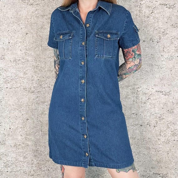 Faded Glory Vintage Button Up Denim Blue Jean Mini Dress