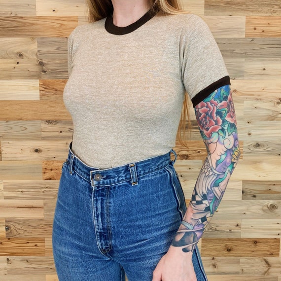 70's Soft Vintage Coffee Ringer Baby Tee Shirt T-Shirt / Youth Tag Size, Fits Women's XS