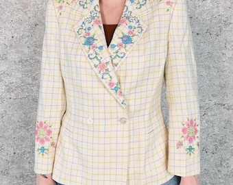 Escada Vintage Designer Silk and Wool Woven Cross Stitch Embroidered Blazer