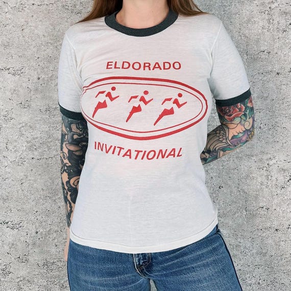 80's El Dorado Track and Field Vintage Ringer Baby Tee Shirt T-Shirt