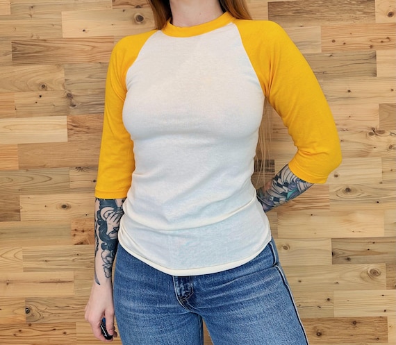 Vintage 80's Russell Athletic Raglan Baseball Tee Shirt T-Shirt / Youth Size Medium, Women's XXS-XS