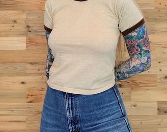 70's Soft Thin Vintage Ringer Baby Tee Shirt / Youth Size 10-12, Women's XXS-XS