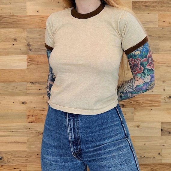 70's Soft Thin Vintage Ringer Baby Tee Shirt / Youth Size 10-12, Women's XXS-XS