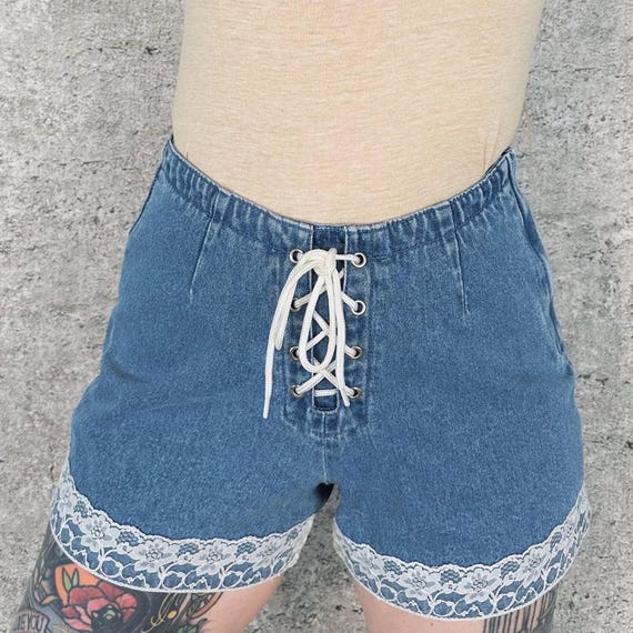 Lace Up Vintage Denim Blue Jean Shorts / Size 28