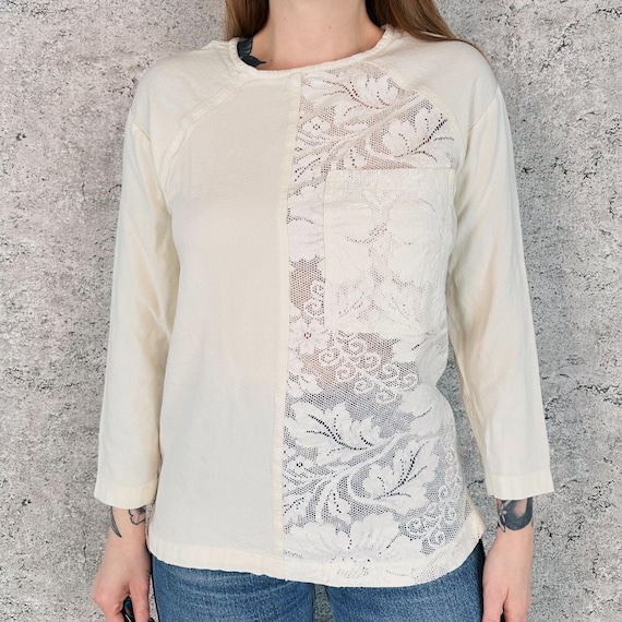 Vintage Ivory Sheer Floral Mesh Lace Shirt Top