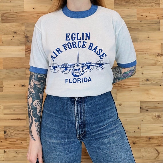 Vintage Eglin Air Force Base Florida Paper Thin Soft 80's Ringer Tee Shirt T-Shirt