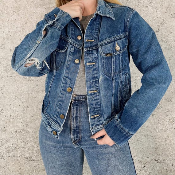 Lee Riders Vintage Faded Distressed Denim Blue Jean Jacket