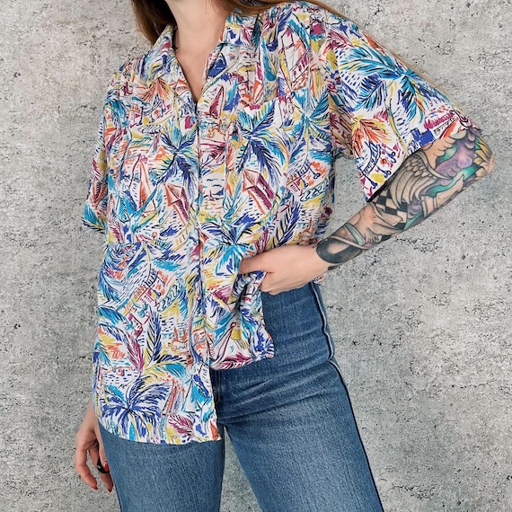 Esprit Vintage Soft Light Novelty Print Summer Button Up Blouse Top Shirt