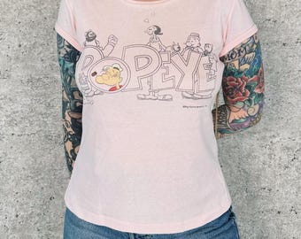 Camiseta rosa bebé con estampado vintage de personajes de dibujos animados de Popeye