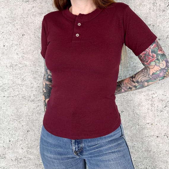 80's Vintage Oxblood Henley Tee Shirt T-Shirt