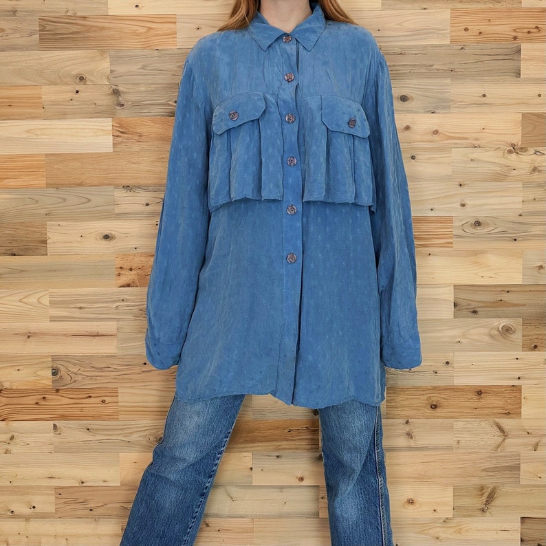 Vintage Silk Blue Ruffled Button Up Blouse image 2