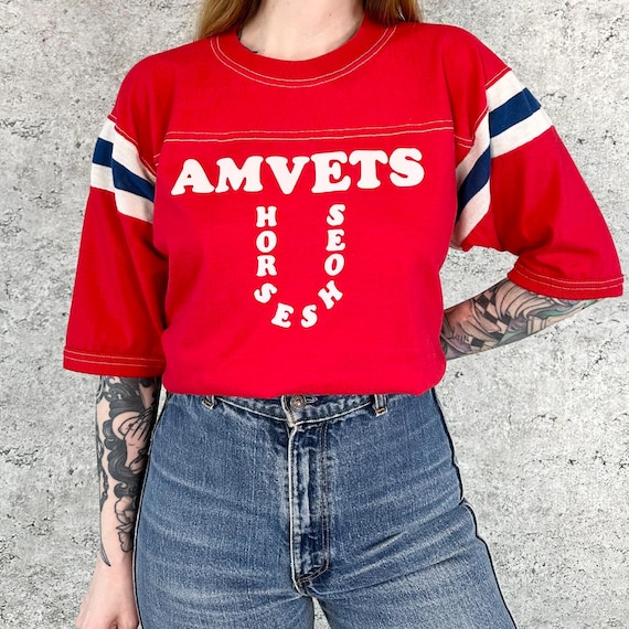 70's Vintage Retro Striped Jersey Style AMVETS Horseshoes Tee Shirt T-Shirt
