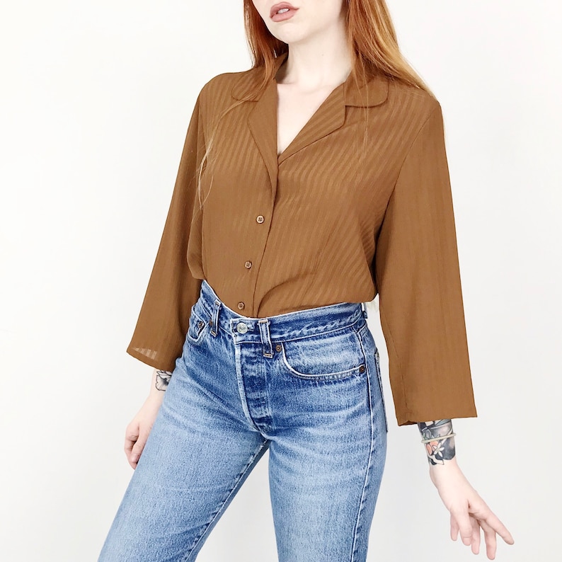 Minimalist Sheer Brown Striped Lightweight Button Up Blouse Women/'s size Small Medium M