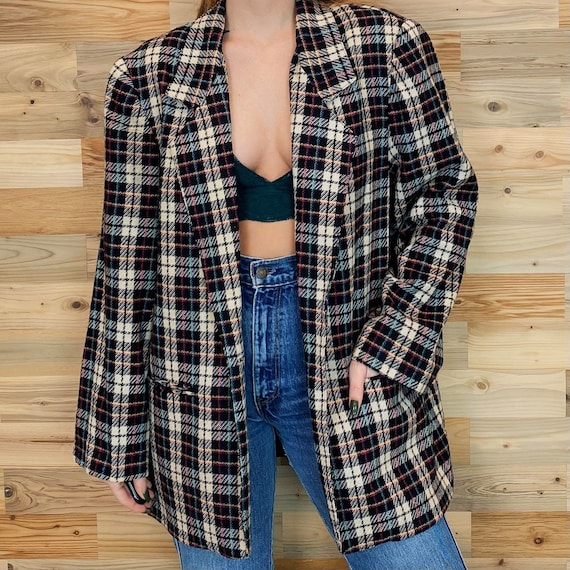 Vintage Plaid Print Wool Knit Blazer Jacket