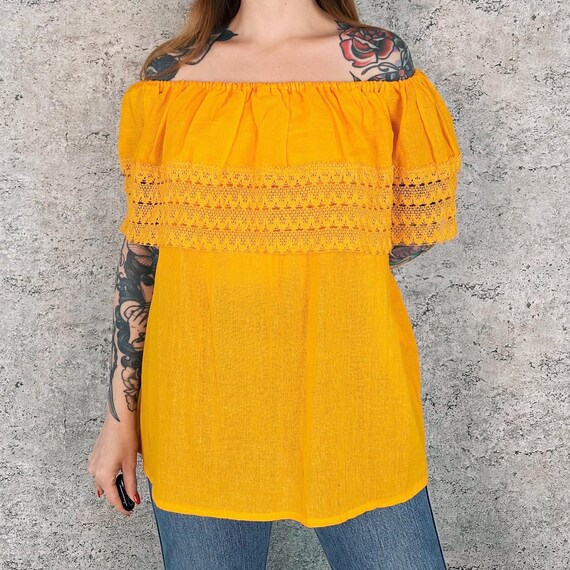 Vintage Cotton Knit Golden Yellow Ruffle Summer Blouse Top Shirt