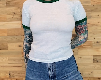 80s Vintage Ringer Baby Tee: Soft Thin Green & White, XXS-XS (Youth Tag Size)