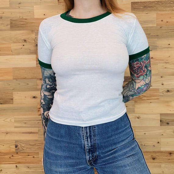 80s Vintage Ringer Baby Tee: Soft Thin Green & White, XXS-XS (Youth Tag Size)