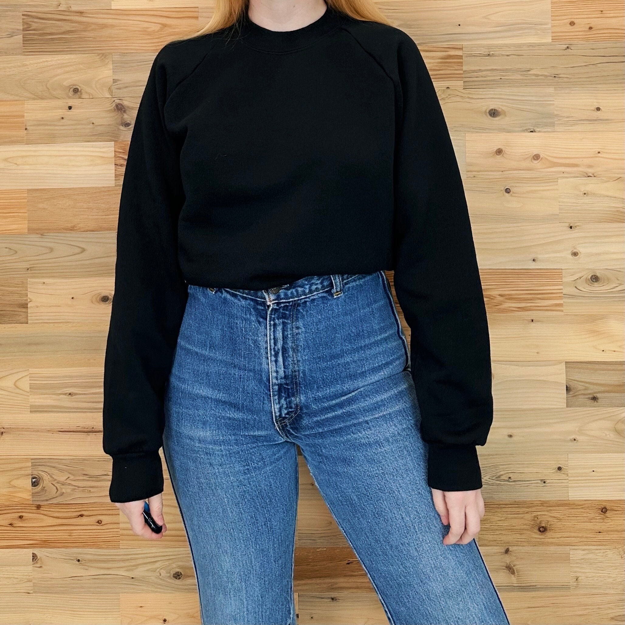 80's Vintage Black Raglan Pullover Sweatshirt Top 