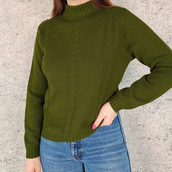 70's Cable Knit Vintage Olive Green Pandora Pullover Sweater Top